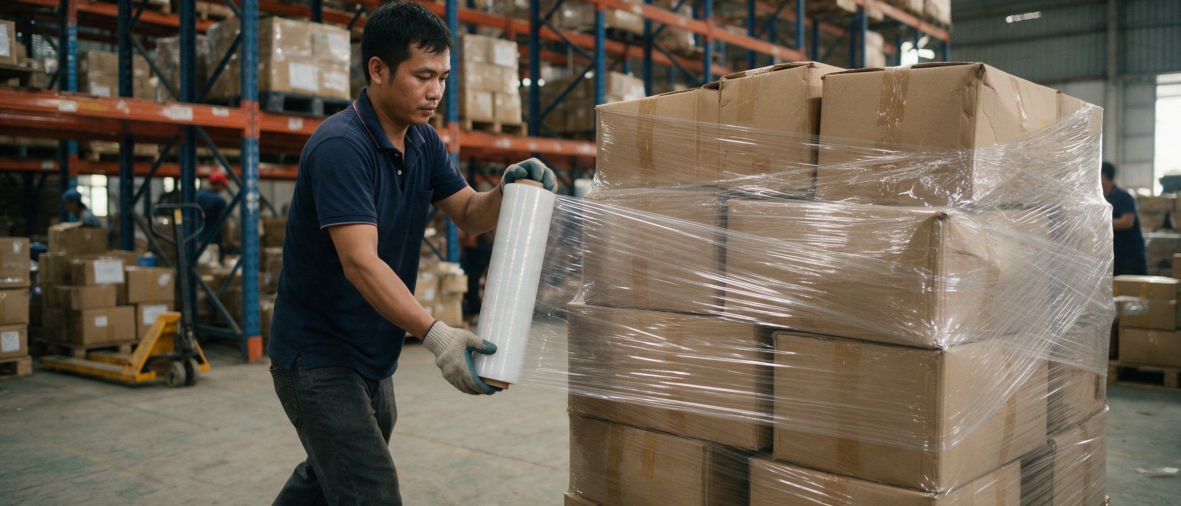Wrapping export pallets in a warehouse