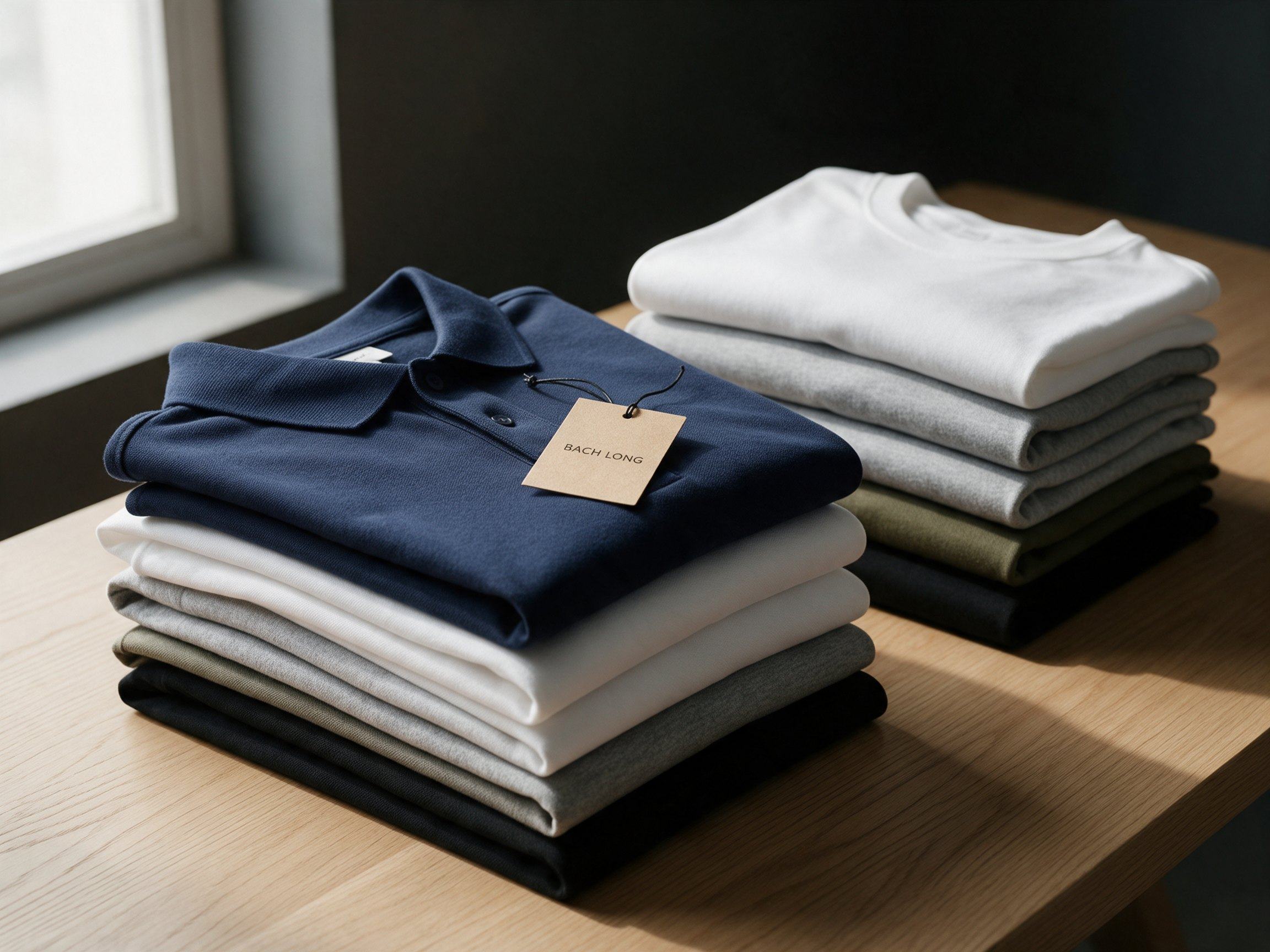 Folded polo shirts and T-shirts in a sample room